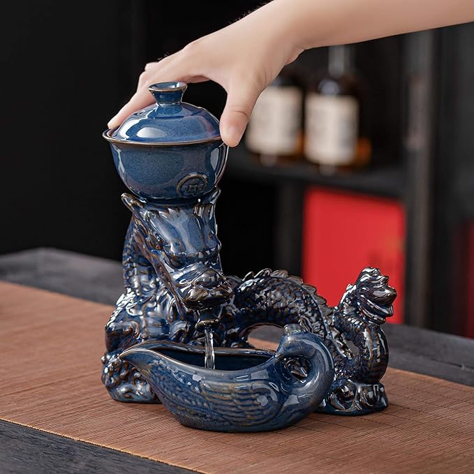 Ceramic Teapot with Infuser Semi Automatic Tea Set Magic Teapot with 8 cups Gradient Color (Blue Dragon- C)