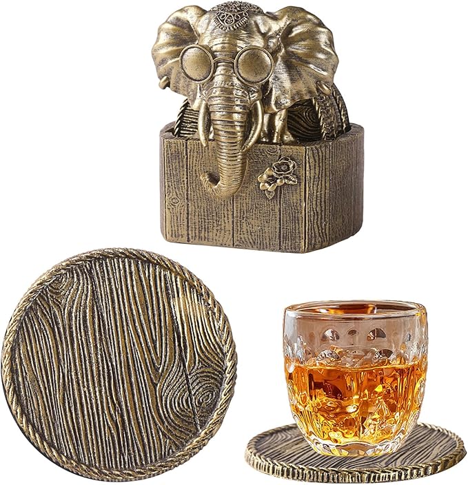 Cabin Coasters Set 6 Full Size Non-Slip Bar Coasters, Indoor Christmas Decorations, Man Cave Gifts for Men, Rustic Handmade Decor for The Home (Elephant)