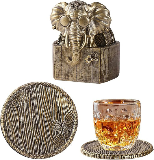 Cabin Coasters Set 6 Full Size Non-Slip Bar Coasters, Indoor Christmas Decorations, Man Cave Gifts for Men, Rustic Handmade Decor for The Home (Elephant)
