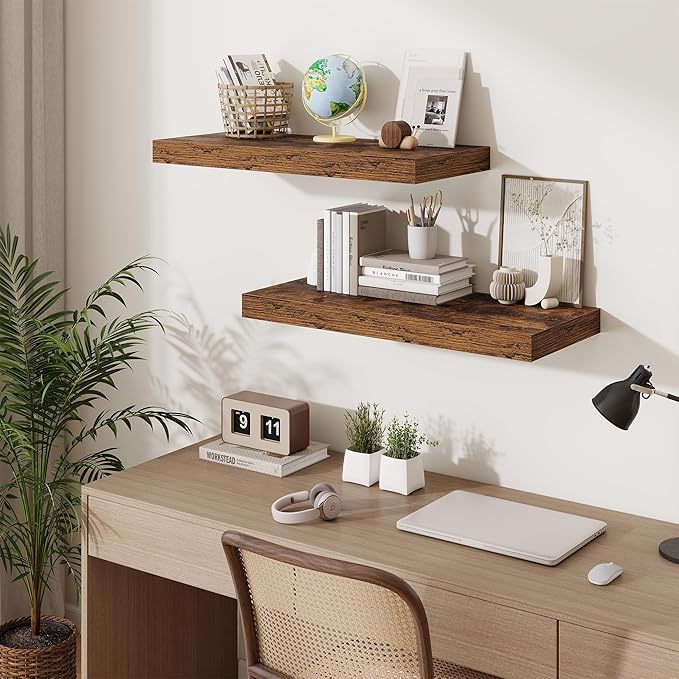 Fun Memories 12 Inch Deep Floating Shelves for Wall, 30 Inch Long Floating Shelf, 30 x 12 Shelf for Wall, Rustic Wood Bookshelves, Hanging Shelves for Bathroom Kitchen Bedroom, Rustic Brown, Set of 2