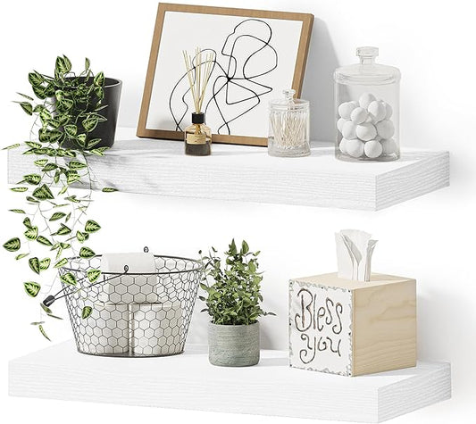 Vivelove 16 inch Floating Shelves for Wall, Bathroom Shelves Over Toilet, Wall Shelf for Bedroom, Living Room, Kitchen, Office Home Decor, Narrow Shelves with Invisible Brackets - Set of 2, White