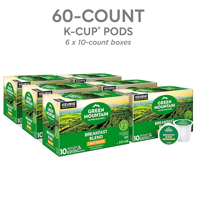 Green Mountain Coffee Roasters Breakfast Blend, Keurig Single Serve K-Cup Pods, Light Roast Coffee, 60 Count, (6 Packs of 10)