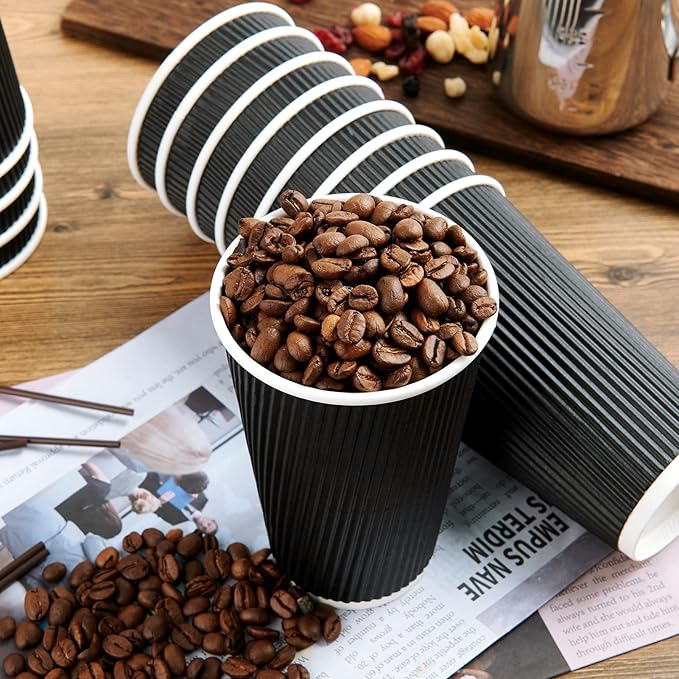 JollyPack 60 Pack 12 oz Paper Coffee Cups, Black Disposable Beverage Cups with Insulated Ripple Wall for Coffee, Tea, and Hot Chocolate