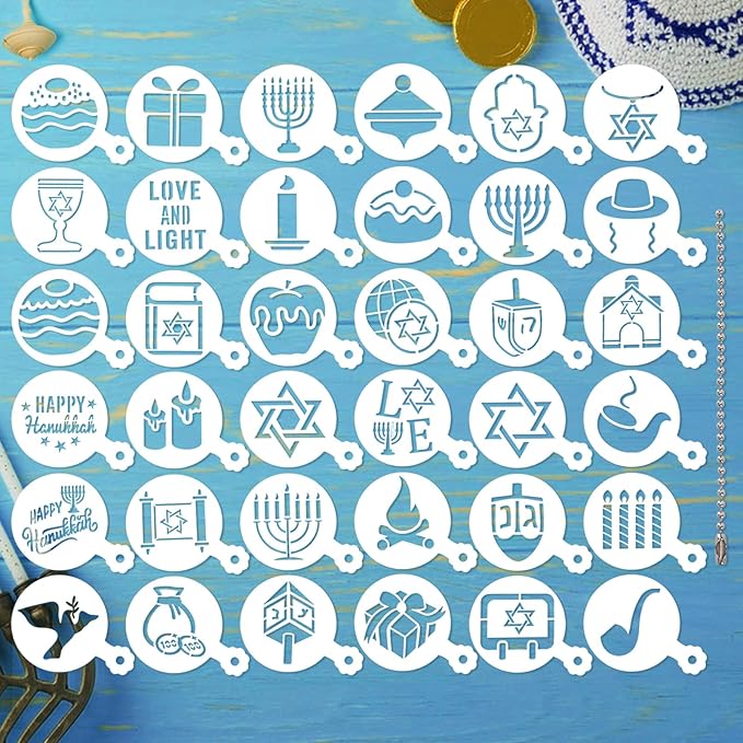 JULBEAR 36 Pcs Reusable Hanukkah Cake Cookie Stencils Dreidel Menorah for Cookies Coffee DIY Hanukkah Holiday Baking Painting Dessert Craft Decoration