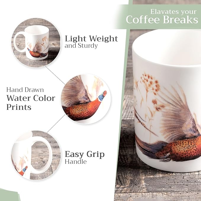 Maison d' Hermine Coffee Mug with Handles Fine Bone China Mugs Pack of One Tea Cups for Hot Beverages Cappuccino Latte Home Restaurant Office Perfect for Gift (Faisan D'Automne - Vol Libre, 12 Ounce)