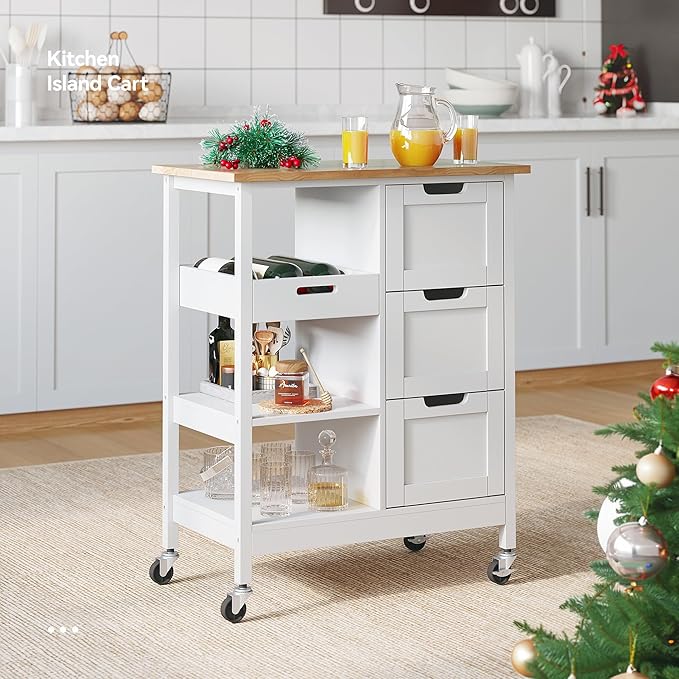 YITAHOME Small Solid Wood Top Kitchen Island Cart on Wheels with Storage, Rolling Portable Dining Room Serving Utility Carts Mobile Movable with 3 Drawers Cabinet, Oak & White
