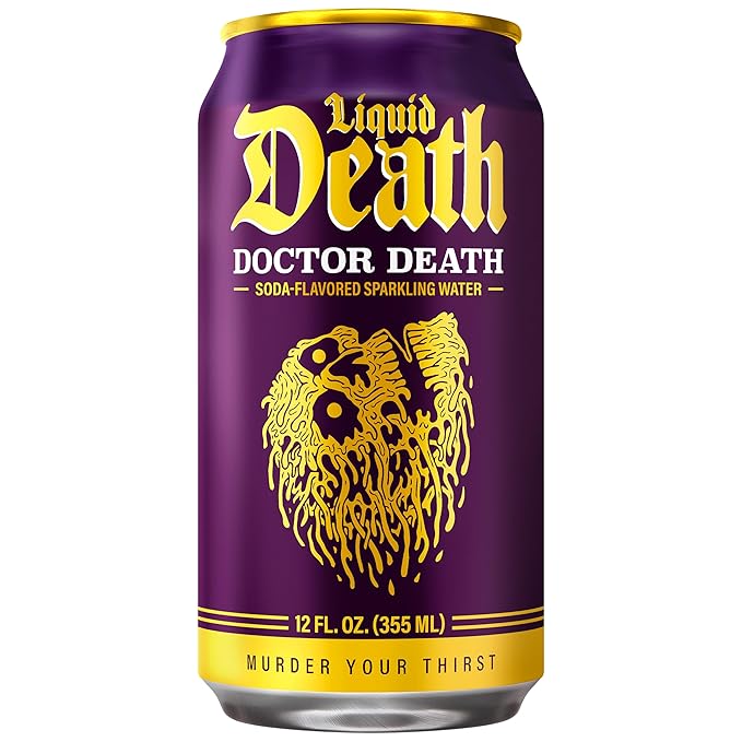 Liquid Death Soda-Flavored Sparkling Water - Doctor Death (Cherry, Cream, Spice), Less Sugar*, Huge Flavor, No Caffeine, No Artificial Sweeteners, 12 Fl Oz (Pack of 12)