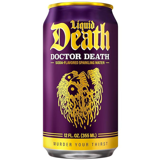 Liquid Death Soda-Flavored Sparkling Water - Doctor Death (Cherry, Cream, Spice), Less Sugar*, Huge Flavor, No Caffeine, No Artificial Sweeteners, 12 Fl Oz (Pack of 12)