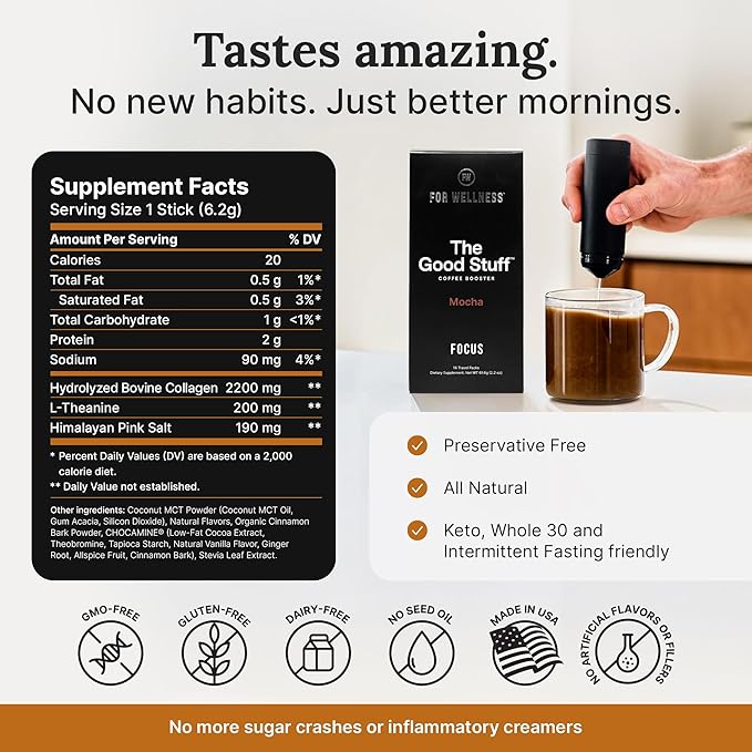 For Wellness The Good Stuff Focus | Healthy Mocha Coffee Creamer Powder with Collagen, MCT Oil & L-Theanine | Keto Non-Dairy Coffee Booster for Focus & Energy | 14 Servings