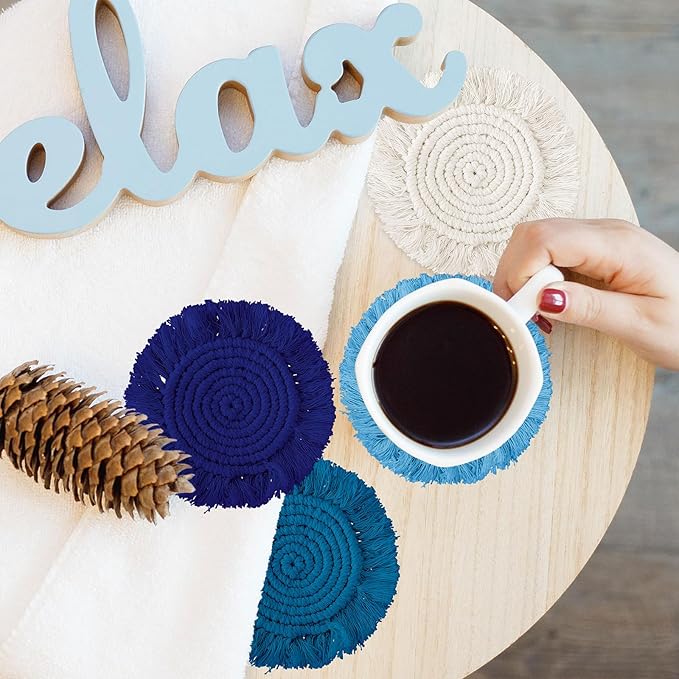 Whaline 4Pcs Boho Macrame Coasters Blue Handmade Woven Drink Coasters Farmhouse Rustic Cup Mat Pad for Home Kitchen Office Table Desk Housewarming Gift Party Table Decor