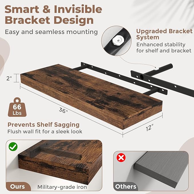 12" Deep Floating Shelves for Wall with Invisible Brackets, Wall Mounted Engineered Wood Shelves with Wood Grain for Living Room, Bedroom, Kitchen Decor and Storage, 36"L Set of 1, Rustic Brown