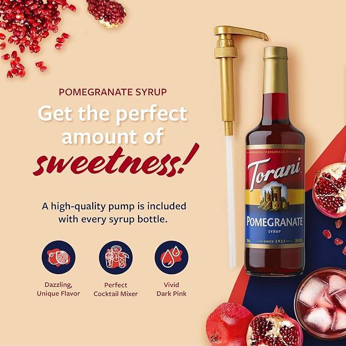 Torani Pomegranate Syrup for Drinks, Flavoring for Iced Tea, Lemonade, Sodas, and Cocktails, Glass Bottle with Pump Included, 25.4 Fl Oz