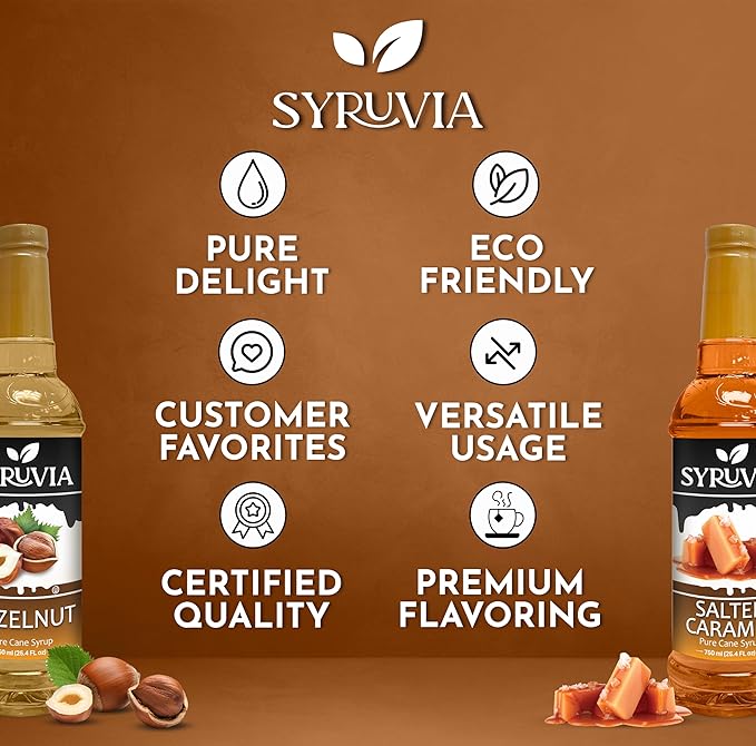 Syruvia Coffee Syrup Variety Pack - Hazelnut & Salted Caramel- Gluten - Free, Kosher, 25.4 fl oz Bottles - Enhance Your Coffee Experience with Premium Flavoring Syrups