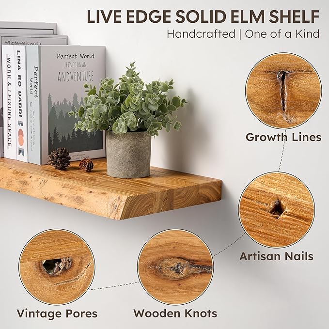 Floating Shelves Set of 2, Solid Elm Wood Wall Shelves 24 Inch - Invisible Bracket Mount for Living Room, Bedroom, Kitchen, Bathroom - Natural