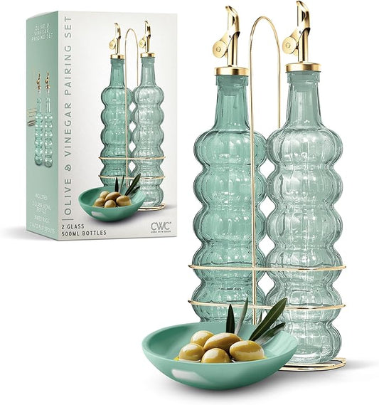 COOK WITH COLOR Glass Olive Oil Bottle Dispenser - 2 Pack- 17oz Oil and Vinegar Cruet - Olive Oil Carafe Decanter for Kitchen, Elegant Waves, Green