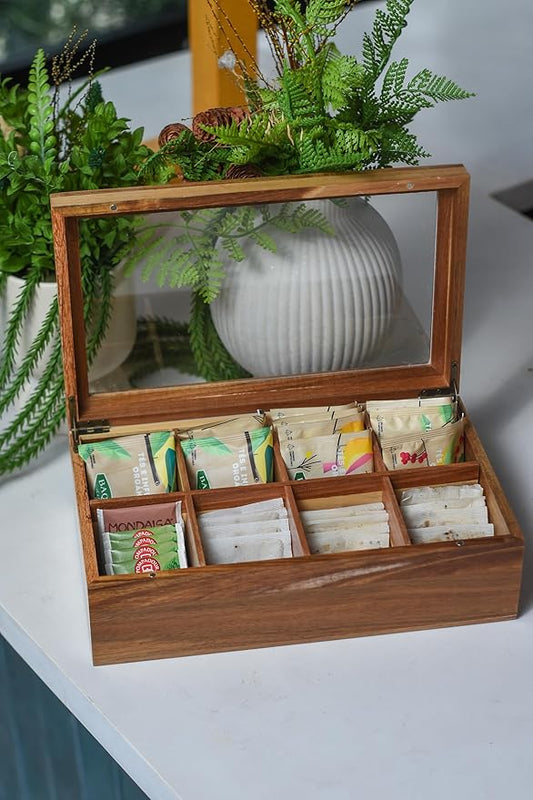 Acacia Wood and Bamboo Tea Bag Organizer - 4 & 8 Compartment Tea Box for Countertop - Tea Station & Coffee Bar Accessories - Fits Large & Craft Tea Bags (Bamboo, 8 Compartment)