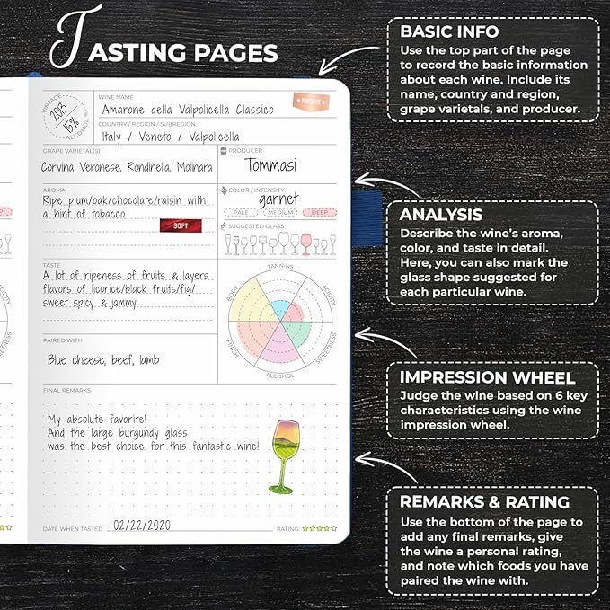 Clever Fox Wine Journal for Wine Tasting – Guided Wine Diary & Log Book with Tasting Instructions, Aroma Wheel, Food Pairing & Glass Guide – 132 Entries, Hardcover, A5 Size (Night Blue)