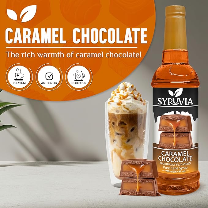 Syruvia Coffee Syrup, Caramel Chocolate Flavored Syrup for Drinks, Lattes and Desserts – 25.4 fl oz, With Pump