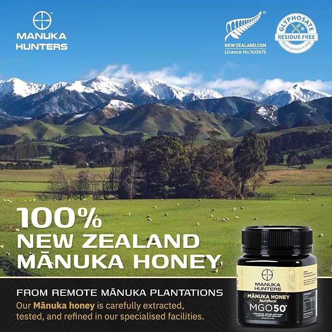 Manuka Hunters/MGO 50+ Certified New Zealand Manuka Honey - 100% Pure Natural Sweetener - Gluten, Dairy Free - Ideal for Tea, Coffee, Smoothies, and Baking - Sustainable - 8.8oz/250g Jar
