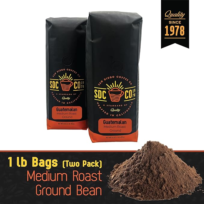 San Diego Coffee Guatemalan, Medium Roast, Ground Coffee, 16-Ounce Bags (Pack of 2) Café molido tostado