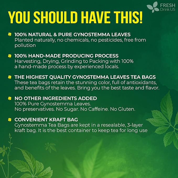 FreshDrinkUS, Premium Gynostemma Tea Bags (Jiaogulan) | 135 Count | Naturally Smooth & Earthy Caffeine-Free Herbal Tea – Plant-Based Tea Bags for Daily Enjoyment. Caffeine Free, Sugar Free. Vegan
