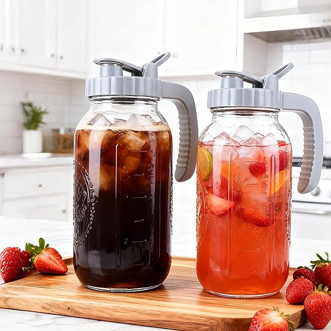 64 OZ Cold Brew Coffee Maker 2 Quart Mason Jar Glass Iced Tea Pitcher With Stainless Steel Filter Half Gallon Pitcher With Spout Lid For Iced Coffee,Tea & Lemonade,Sun Tea Airtight & Leak-Proof 2 PACK