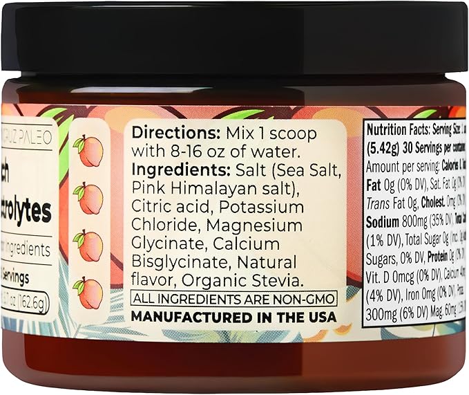 Santa Cruz Paleo Electrolyte Powder, Peach Flavor, Sugar Free Hydration Drink Mix with Himalayan Pink Salt, Sea Salt, Magnesium Glycinate, Potassium Chloride, Sweetened with Stevia, 30 Servings