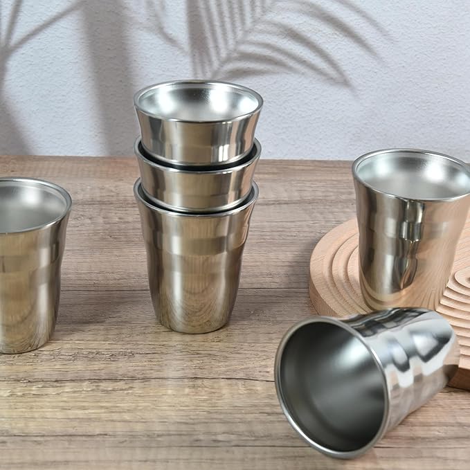 AGH 6 Pack Stainless Steel Cups for Kids, Metal Cups 9 oz Double Layer Insulated Pint Cup, Camping Tumbler Reusable Stackable Cup for Party Outdoor (Bright Silver)