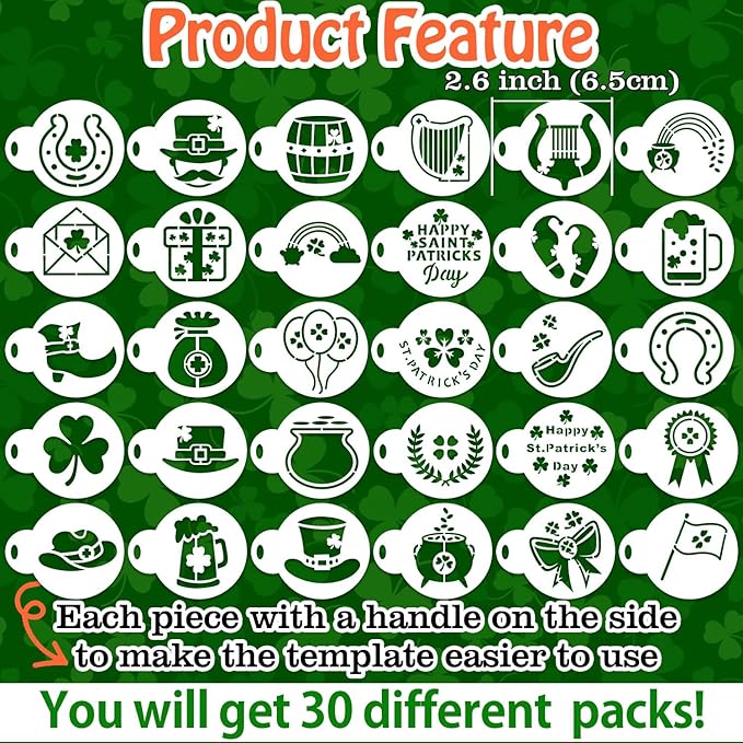 Partywind 30 PCS St Patrick's Day Cookie Stencils for Decorations, Saint Patricks Day Shamrock Stencils Templates for Cake Coffee, Irish Face Painting Ornaments