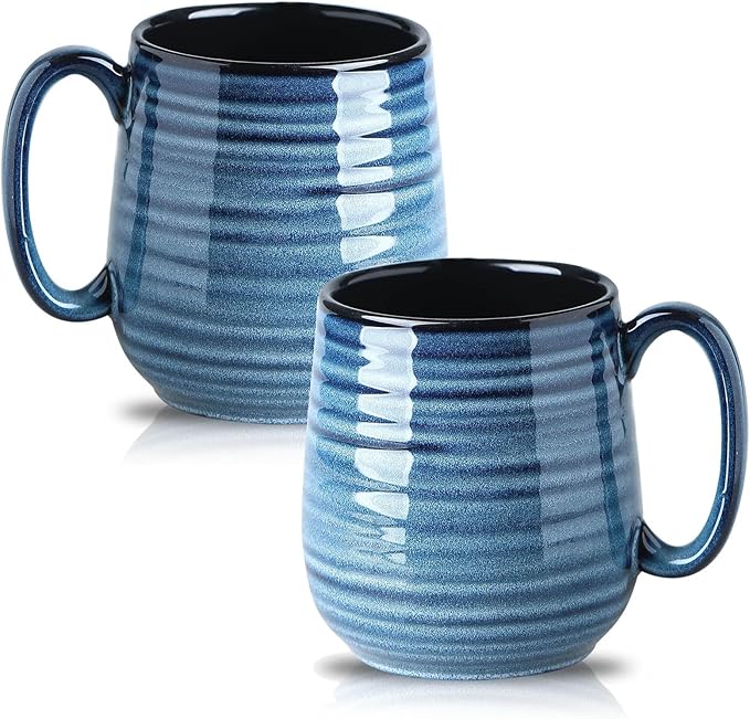 HASENSE Large Coffee Mugs Set of 2, Porcelain 20 oz Coffee Cups for Office and Home, Modern Coffee Mug with Big Handle for Latte Coffee Tea Soup as Friend Gifts, Dishwasher and Microwave Safe, (Blue)