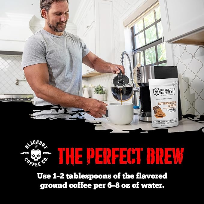 Blackout Coffee Butterscotch Toffee Flavored Ground Coffee – Medium Roast, Smooth Taste, Guilt-Free Indulgence – Freshly Roasted 12oz Pouch.