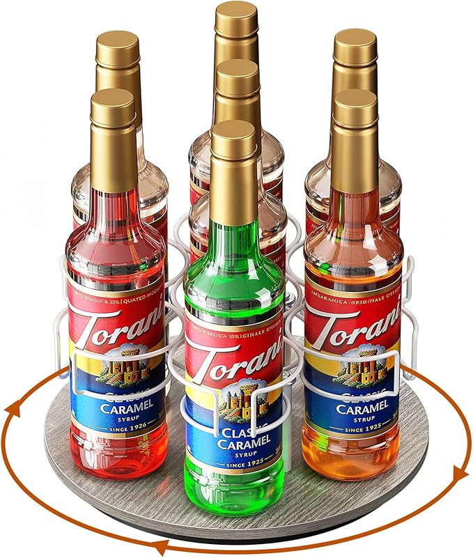 Kssiaz Rotating Coffee Syrup Organizer, 7 Bottles Coffee Syrup Rack for Countertop Syrup Bottle Holder Stand for Coffee Bar Station, Carbon Steel Frame with Wooden Base Coffee Bar Accessory, White