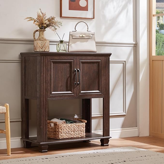 Farmhouse Coffee Bar Table with 2-Door Cabinet, Kitchen Storage Cabinets with Open Shelf, Coffee Station for Dining Room, Kitchen, Hallway, Living Room, Walnut