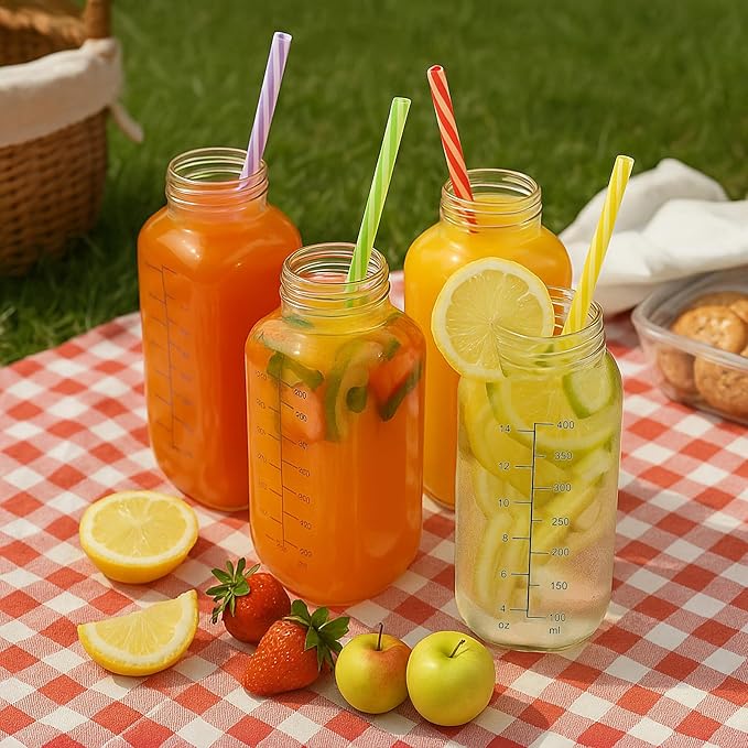16 oz Glass Milk Bottles with Pour Dispenser, Reusable Juice Bottles with Airtight Lid for Fridge, Glass Pitchers with Scale, Gift for a New Mother [4 Pack]