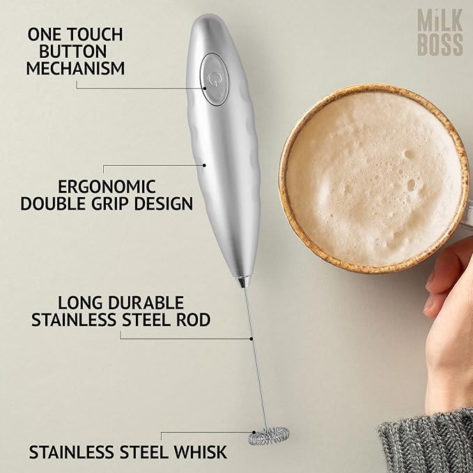 Milk Boss Matcha Whisk - Handheld Electric Stirrer - Frother Wand & Drink Mixer - Durable Stainless Steel Blender - Silver Comfortable Grip