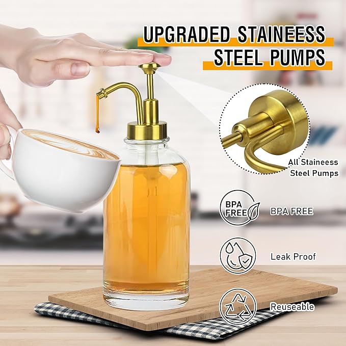 Coffee Container with Syrup Dispenser and Shelf & Spoon,40oz Air tight Glass Storage Jars and 16.9oz Glass Syrup Bottle,Coffee Bar Accessories for Kitchen Organization(1 Jar 1 Dispenser)