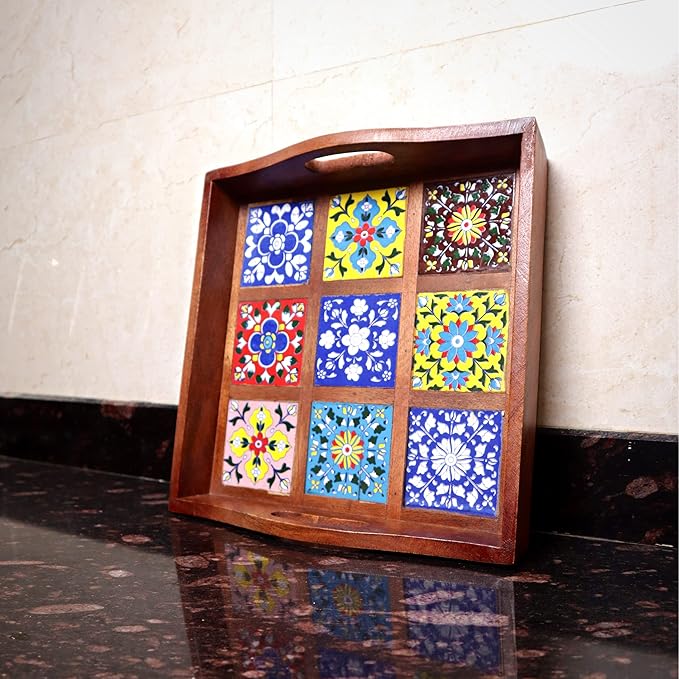 Craft Trade Mango Wood Serving Tray with Handle and 9 Fitted Floral Ceramic Tiles Wooden Platters Perfect for Breakfast Tea Coffee Snacks Dinner 30x30x8 cm Square