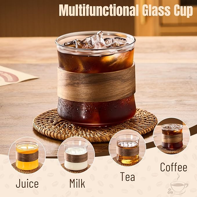 PARACITY Espresso Cups Set of 2 with Wooden Ring, 12 OZ High Borosilicate Espresso Shot Glass, Clear Small Expresso Shots Cup, Espresso Accessories