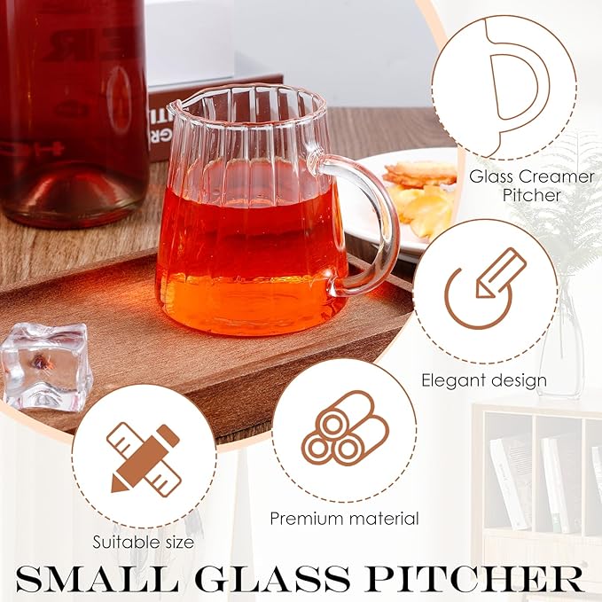 2 Pcs Small Glass Creamer Pitcher With Box, 250ml Creamer Pitcher with Handle, Elegant Wave Shaped Small Glass Pitchers, Milk Frothing Pitchers, Serving Jug for Kitchen,Coffee Bar,Home