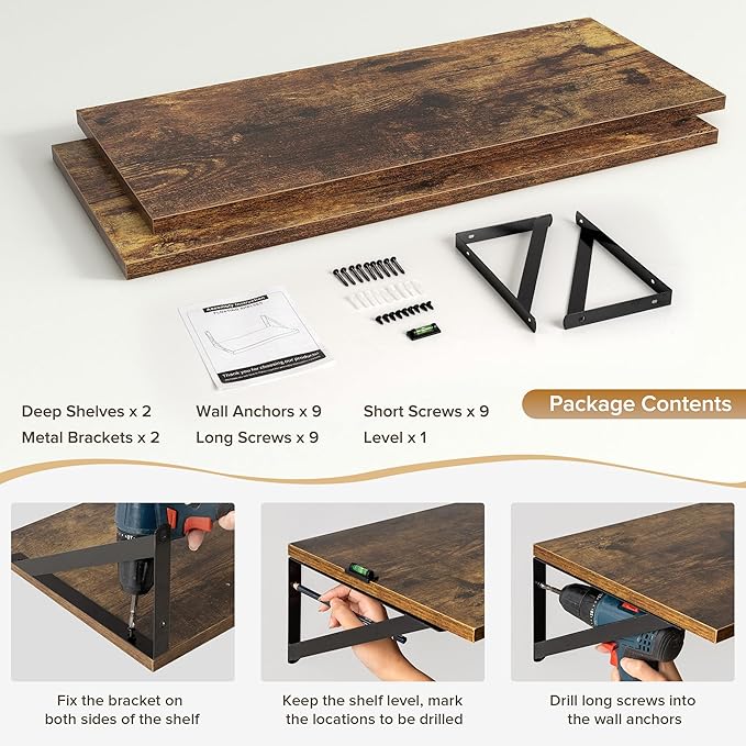 Deep Floating Shelves Wall Mounted, 30"x12" Brown Wood Shelves with Brackets Set of 2 for Bedroom, Living Room, Bathroom, Kitchen, Office - Storage & Display Shelf for Decor, Books, Plants