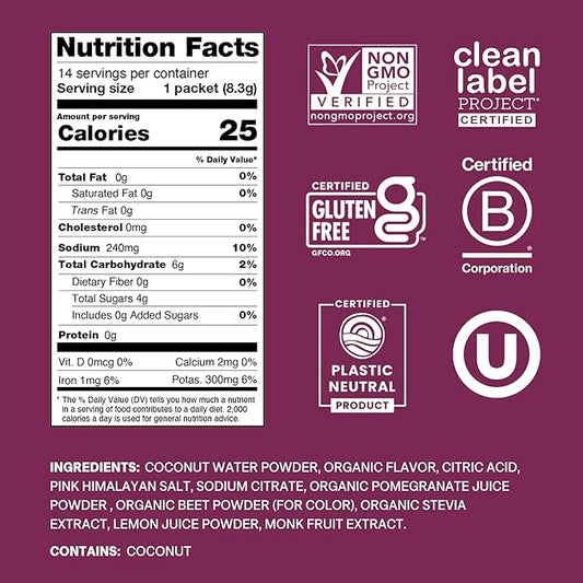 Cure Hydration | Plant-Based Electrolyte Drink Mix | No Added Sugar | FSA-HSA | Dehydration Relief Powder Made with Coconut Water | Non-GMO | Vegan | Pouch of 14 Packets - Berry Pomegranate