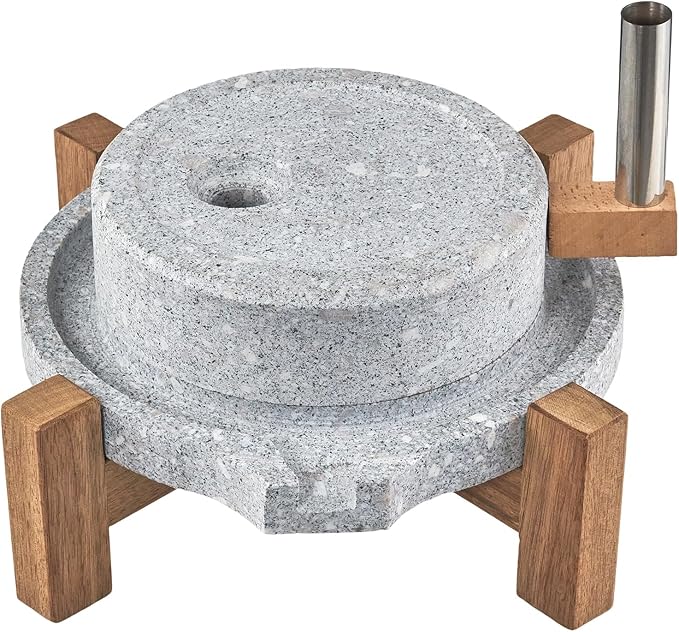 Stone Grain Mill - Manual Flour Mill with Stable Wood Base, Natural Granite Stone Grinder Mill for Dry & Wet Use, Home Kitchen Tool (11.8 x 15.8 inch)