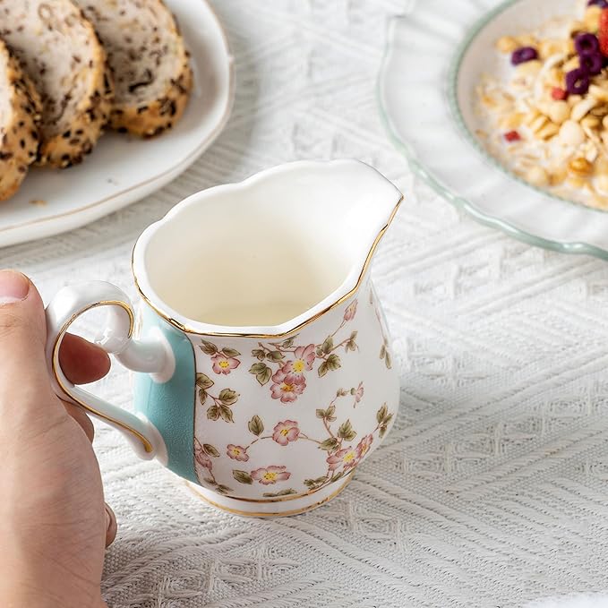 Retro Floral Porcelain Creamer Pitcher, Coffee Milk Pitcher Jug, Small Cream Syrup Dispenser for Serving Sauces Salad, Microwave & Freezer Safe, 10oz