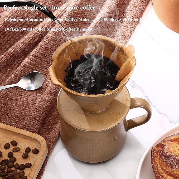 Pour Over Coffee Maker Set - 300ml Ceramic Mug with Dripper & 100 Small Cone Filters, Brown