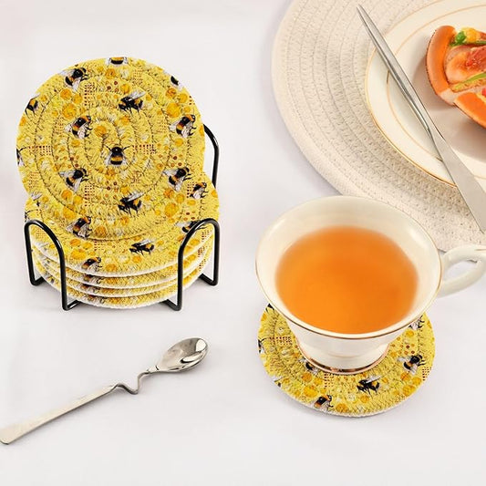 Yellow Honeycomb Drink Coasters Set of 6 - Absorbent Decorative Bar Coasters for Coffee Table Protection