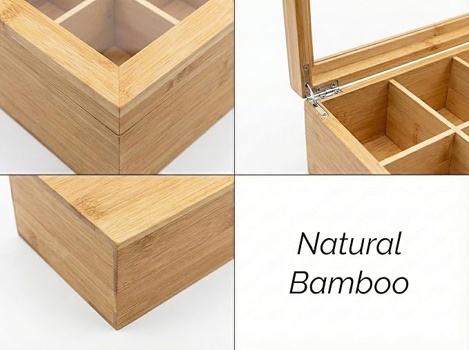 Acacia Wood and Bamboo Tea Bag Organizer - 4 & 8 Compartment Tea Box for Countertop - Tea Station & Coffee Bar Accessories - Fits Large & Craft Tea Bags (Wood, 8 Compartment)