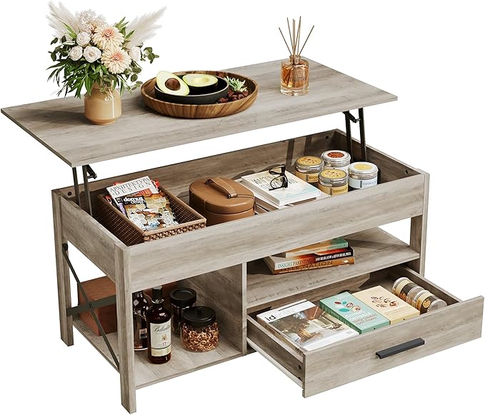 WLIVE Lift Top Coffee Table, 39" Coffee Table with Storage Drawers, Hidden Compartment, Wooden Lift Tabletop Center Table for Living Room, Home, Grey