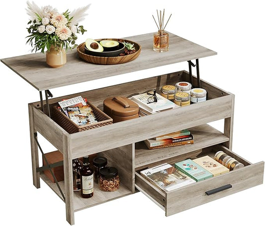 WLIVE Lift Top Coffee Table, 39" Coffee Table with Storage Drawers, Hidden Compartment, Wooden Lift Tabletop Center Table for Living Room, Home, Grey