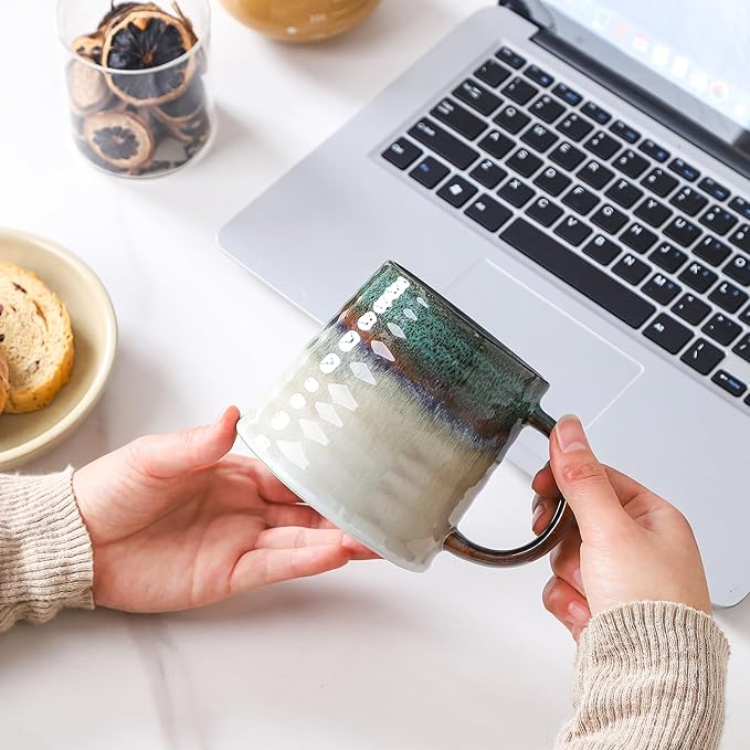 Large Ceramic Coffee Mug, Handmade Pottery Mugs, Tea Cups with Big Handle for Office and Home, 15.5 oz, Dishwasher and Microwave Safe (Blue)