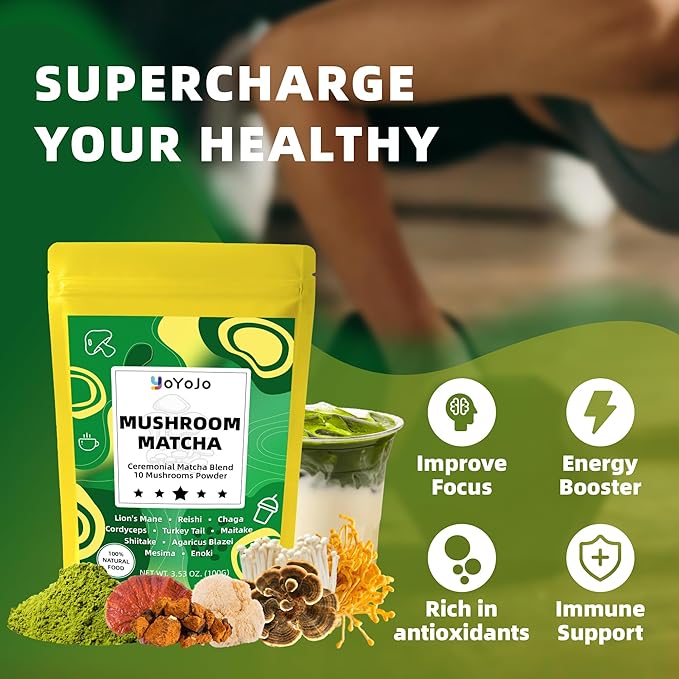 Mushroom Matcha, 10 Superfood Mushroom Powder Blend with Japanese Ceremonial Grade Matcha, Mushroom Coffee Alternative for Energy, Focus, Immunity